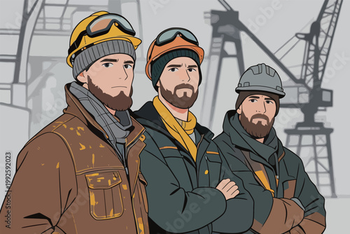 Workers in safety gear pose at a construction site with cranes and equipment in the background during daylight hours
