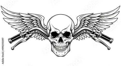 Biker Skull with Wings and Motorcycle Handlebars Illustration on Isolated White Background