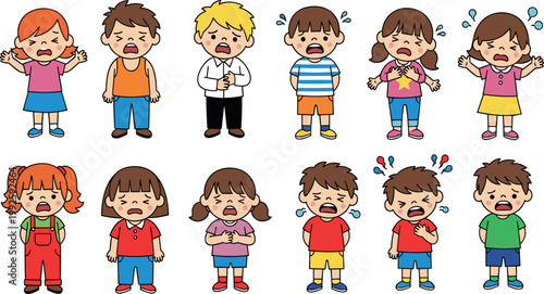 Crying Kids Emotions Vector Set Featuring Sad Angry and Upset Children Characters for Feelings Education, Psychology Design, and Cartoon Illustration Collection