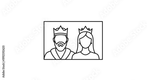 Royal Couple Icon: King and Queen with Crowns, Outline Illustration