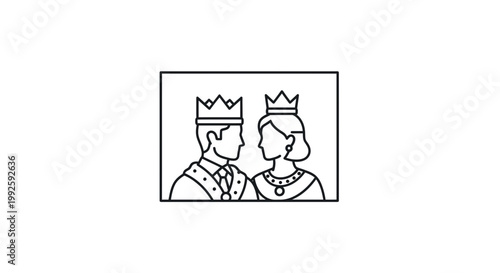Royal Couple King and Queen wearing crowns, elegant attire, facing each other, line art icon