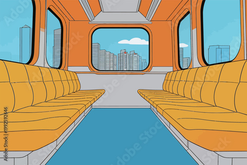 Bright seats in a train with a view of the city skyline on a clear day
