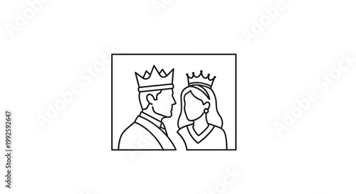 Royal Couple King Queen Crowns Profile Silhouette Line Art Minimalist Vector
