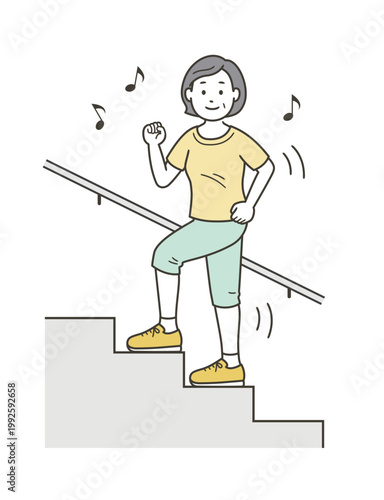 元気に階段を上るミドル世代の女性のイラスト
