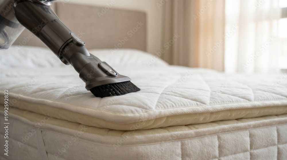 Fototapeta premium Close up of a vacuum cleaner cleaning a white mattress in a bedroom professional cleaning service for bed and home hygiene concept