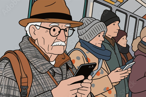 Elderly man uses smartphone while people wait on subway train