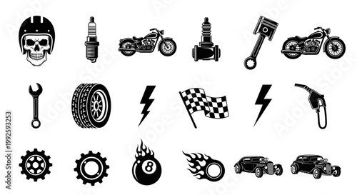 Automotive Racing and Mechanic Tool Icons Set in Black Silhouette on Isolated White Background