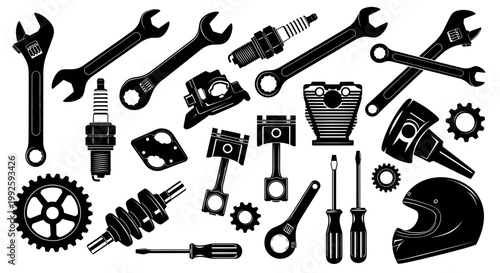 Black silhouette vector assortment of essential mechanic tools and motorcycle engine parts, auto repair elements, isolated white background.