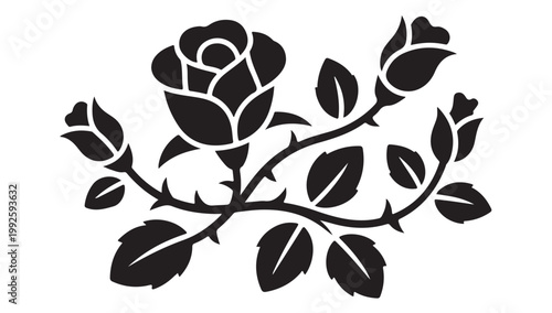 Blooming rose with thorns vector illustration for wedding invitations or decorative art prints.