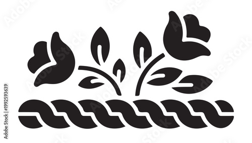 Symmetrical rose flower motif vector illustration with braided rope border and garden leaves.