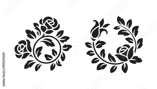 Circular rose wreath designs vector silhouettes for elegant emblems and decorative corner frame.