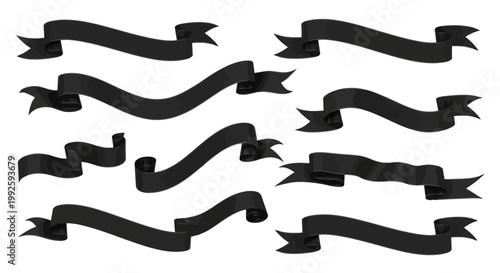 Extensive set of black ribbon banners in various shapes and sizes, versatile empty decorative design elements, isolated white background.
