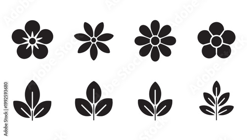 Set of simple black flower and leaf icons on white background vector.