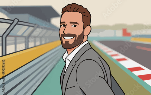 Man walks at racetrack with smiling face wearing suit and carrying bag during day event in warm weather