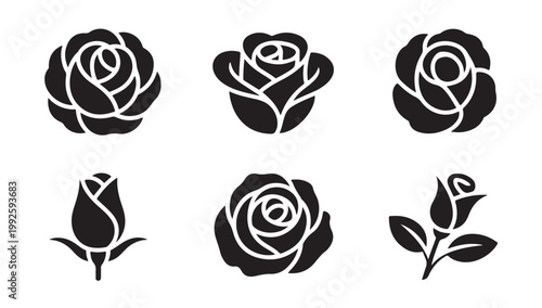Set of minimalist rose flower icons vector silhouettes for modern logo design and branding art.