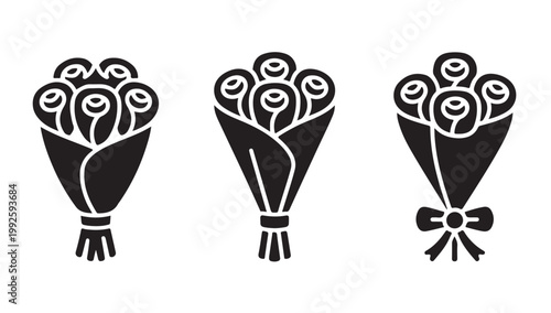 Three stylized black rose bouquets tied with ribbon on white background vector.