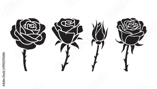 Black rose illustrations various types and stems graphic design elements vector.