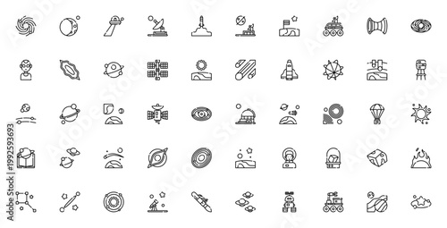 Galaxy icon set. Space vector illustrations pack. Includes planets, stars, rockets, astronauts, telescopes, UFOs, black holes and more. Editable thin line icons.