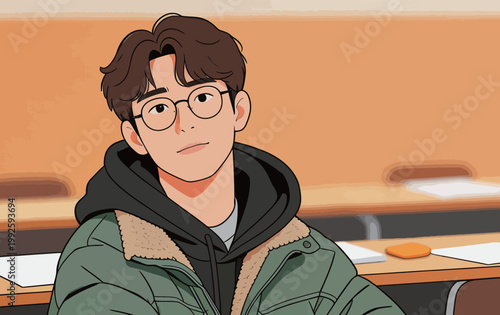 Young man with glasses sitting in classroom wearing green jacket during study session in school