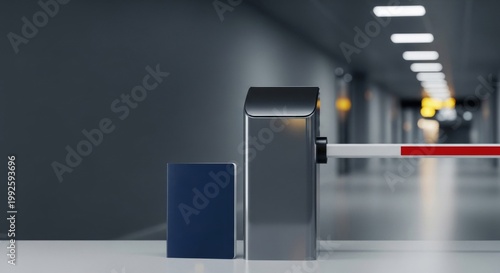 Passport next to a security checkpoint barrier in a modern hallway