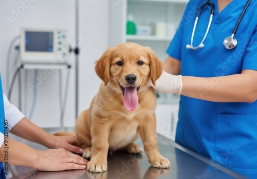 Golden retriever puppy at veterinary checkup with smiling veterinarian in clinic