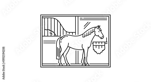 Line Art Horse in Stable Stall with Hay - Equestrian Farm Animal Illustration
