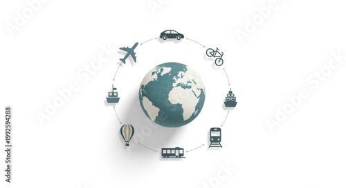 Global transportation modes surrounding a stylized Earth globe