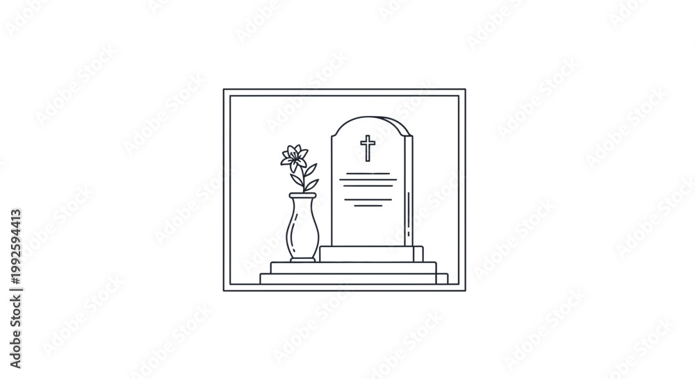 Fototapeta premium Gravestone with flower in vase, religious symbol, funeral, memorial, solemn, remembrance