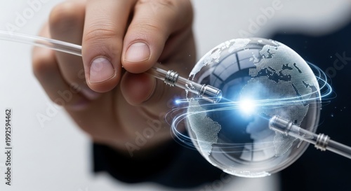 Hand Holding Tube Connected to Digital Globe with Light Trails