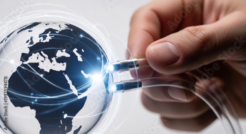 Hand connecting fiber optic cables to a glowing globe