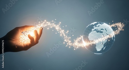 Hand holding glowing digital network connecting to Earth globe