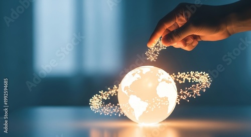 Hand connecting digital network to glowing Earth globe