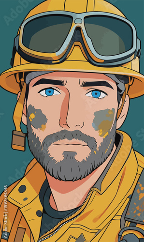 Portrait of a worker wearing a yellow hard hat and goggles with paint stains on his face and jacket, set against a solid background