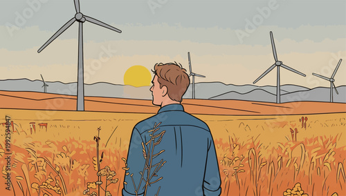 Man looks at wind turbines in a field at sunset near mountains in the background