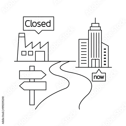 Industrial factory closed and moving to modern office building in the city urban transition concept.Editable stroke, Vector illustration, Line art Icon, Symbols.