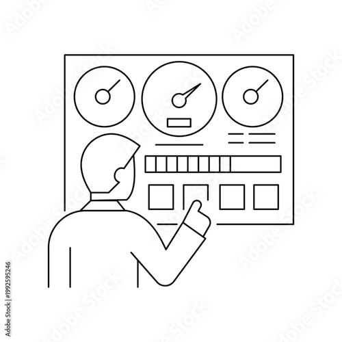 Professional operator managing dashboard control panel with gauges and performance indicators.Editable stroke, Vector illustration, Line art Icon, Symbols.