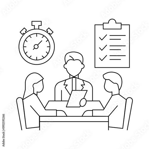 Job interview meeting with recruiter and candidates with timer and checklist evaluation.Editable stroke, Vector illustration, Line art Icon, Symbols.