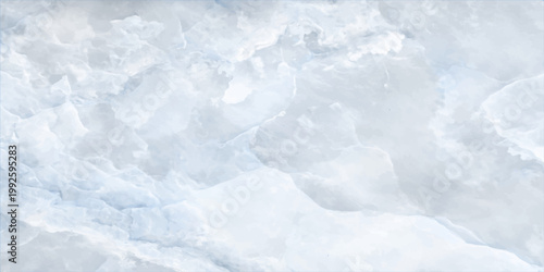 A frozen abstract texture of white snow and blue ice patterns on a winter window creates a cold nature background under a cloudy sky