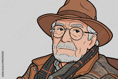 Old man with glasses and hat looking directly at the viewer indoors during daytime
