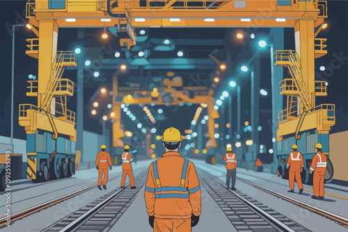 Workers are focused at a cargo yard in the evening with cranes and trains around