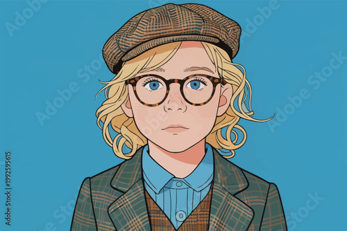 Young child wearing glasses and a cap stands with a serious expression against a blue background in this artistic illustration