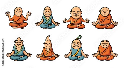 Cartoon illustrations of meditating figures in various colorful attires