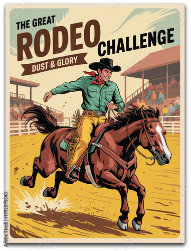 Rodeo cowboy illustration, vintage bucking bronco rider in mid air for western t shirt design, poster, and retro apparel graphic.