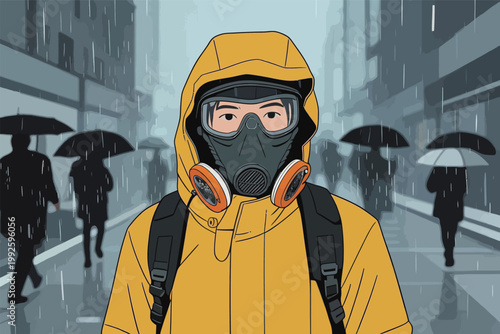 Person in yellow raincoat and gas mask walks on a rainy street with other people holding umbrellas in the background