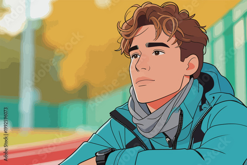 Young person sits and thinks in a park with green trees on a sunny day