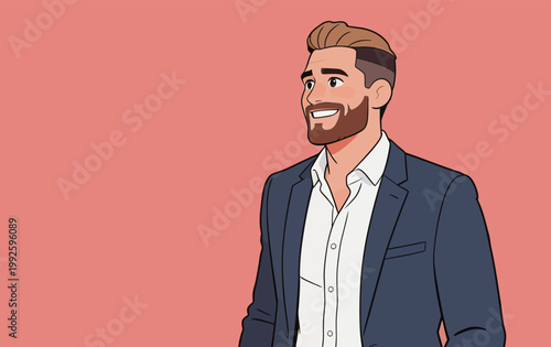 A man smiles while wearing a suit and standing against a pink background during a casual moment