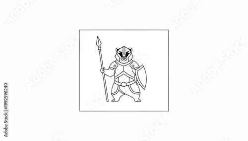 Cute Cartoon Bear Warrior with Spear and Shield, Fantasy Character