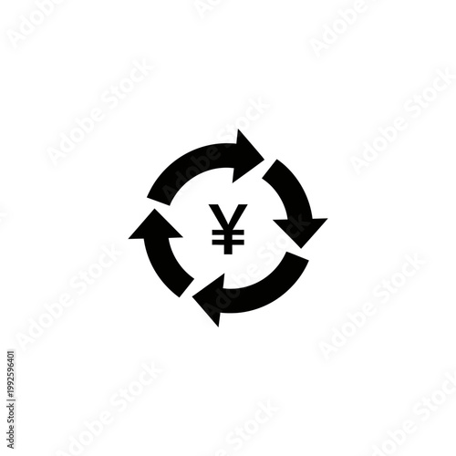 A black and white image of a yen symbol surrounded by circular arrows Yuan Curency