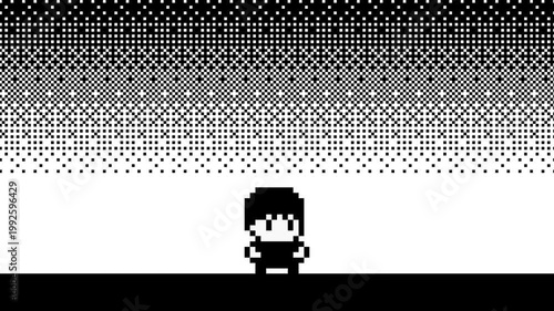 8-bit pixel art walking character in the black dots sky background. looped animation 4k 30fps