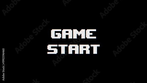 8-bit pixel art glitch game start text screen. looped animation 4k 30fps